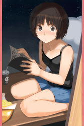 Rule 34 | 1girl, :&lt;, absurdres, amagami, bare shoulders, black hair, black tank top, blue skirt, blush, bob cut, book, breasts, brown eyes, brown hair, chips (food), closet, collarbone, cup, drinking straw, food, highres, holding, holding book, light blush, looking at viewer, manga (object), official art, pillow, pleated skirt, potato chips, reading, scan, short hair, sitting, skirt, small breasts, solo, star (sky), surprised, sweat, sweatdrop, tachibana miya, takayama kisai, tank top, wariza