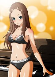 Rule 34 | 1girl, absurdres, artist name, black bra, black panties, blurry, blush, bokeh, bra, breasts, brown hair, closed mouth, commentary, cowboy shot, depth of field, english commentary, grand piano, green eyes, highres, idolmaster, idolmaster cinderella girls, instrument, long hair, looking at viewer, matsuyama kumiko, medium breasts, musical note, musical note print, navel, panties, piano, print bra, print panties, shadow, signature, smile, solo, sparkle, standing, thigh gap, underwear, underwear only, vzmk2, yellow background