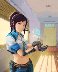 Rule 34 | 1girl, blue eyes, brown hair, cropped jacket, gloves, high ponytail, highres, indoors, light particles, midriff, nanocore, navel, newx, ponytail, sketch, smile, solo, standing, tangxin, window