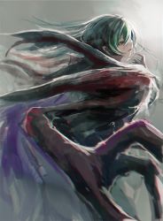 Rule 34 | 1girl, black sclera, blue eyes, claws, colored sclera, eto (tokyo ghoul), floating hair, from side, gradient background, green hair, grey background, hand up, heterochromia, kagune (tokyo ghoul), long hair, looking at viewer, parted lips, red eyes, solo, straw like, tokyo ghoul