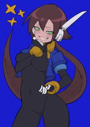 Rule 34 | 1girl, absurdres, aile (mega man zx), arm between breasts, between breasts, black bodysuit, blue background, blue jacket, blush, bodysuit, bodysuit under clothes, breasts, brown hair, buzzlyears, commentary, covered collarbone, covered navel, cropped jacket, faux traditional media, glowing, green eyes, highres, jacket, large breasts, long hair, looking at viewer, mega man (series), mega man zx, mega man zx advent, no pants, open clothes, open jacket, ponytail, robot ears, sharp teeth, simple background, smile, smirk, solo, star (symbol), teeth