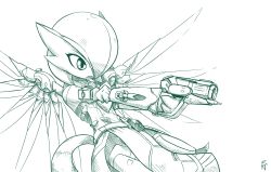 Rule 34 | 1girl, arms up, artist name, belt, blush, clenched teeth, clothed pokemon, cosplay, creatures (company), female focus, game freak, gardevoir, gen 3 pokemon, gun, hair over one eye, handgun, highres, holding, holding gun, holding weapon, junjie-oyan, light blush, long sleeves, mechanical wings, mercy (overwatch), mercy (overwatch) (cosplay), monochrome, nintendo, outstretched arms, overwatch, overwatch 1, own hands together, pelvic curtain, pokemon, pouch, short hair, signature, simple background, sketch, solo, teeth, thighhighs, weapon, white background, wings