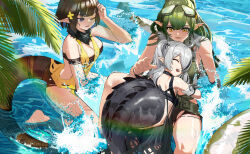 Rule 34 | 3girls, absurdres, arknights, bare shoulders, barefoot, blue eyes, breasts, brown hair, crocodilian tail, eunectes (arknights), flower, gavial (arknights), gavial the invincible (arknights), green hair, grey hair, hair flower, hair ornament, highres, looking at another, multiple girls, outdoors, pointy ears, rzero15, scales, smile, snake tail, swimsuit, tail, thick tail, tomimi (arknights), water, yellow eyes