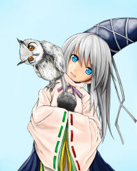 Rule 34 | 1girl, bird, blue background, blue eyes, blue skirt, el (el406), hat, head tilt, japanese clothes, long hair, looking at viewer, mononobe no futo, open mouth, orange eyes, owl, own hands together, pom pom (clothes), ribbon-trimmed sleeves, ribbon trim, silver hair, simple background, skirt, solo, tate eboshi, touhou