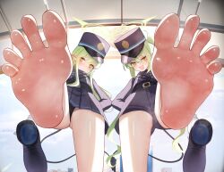 Rule 34 | 2girls, absurdres, barefoot, blue archive, blush, demon tail, feet, green hair, hat, highres, hikari (blue archive), long hair, looking at viewer, multiple girls, nozomi (blue archive), open mouth, panties, pantyshot, shoes, soles, steam, sweat, tail, toes, twintails, underwear, unworn shoes, upskirt, ursica, yellow eyes