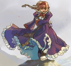Rule 34 | 1girl, bow, braid, breasts, brown hair, coat, commentary request, dress, gloves, gun, hairband, hanakuso, long hair, purple dress, red hairband, ribbon, sidelocks, solo, virginia maxwell, weapon, wild arms, wild arms 3