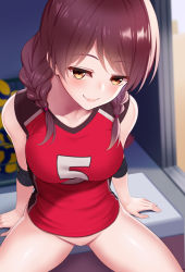 Rule 34 | 1girl, arm support, blush, bottomless, braid, breasts, brown eyes, closed mouth, collarbone, cowboy shot, hair tie, heart, huyumitsu, jersey, large breasts, long hair, looking at viewer, medium hair, original, purple hair, red shirt, shirt, sleeveless, sleeveless shirt, smile, solo, spread legs, standing, thighs, twin braids, vaginal