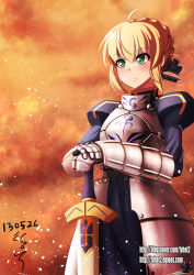 Rule 34 | 1girl, ahoge, armor, armored dress, artoria pendragon (fate), bad id, bad pixiv id, blonde hair, blush, dress, excalibur (fate/stay night), fate/zero, fate (series), gauntlets, green eyes, hair ribbon, hands on hilt, highres, juliet sleeves, long sleeves, planted sword, planted, puffy sleeves, ribbon, saber (fate), solo, sword, tvhot2, watermark, weapon, web address