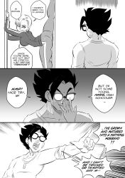 Rule 34 | 1boy, 1girl, absurdres, adjusting eyewear, android 18, ass, breasts, comic, commentary, doorway, dragon ball, dragon ball super, dragon ball super super hero, emphasis lines, english commentary, english text, funsexydb, glasses, greyscale, hair over one eye, hetero, highres, large breasts, monochrome, opaque glasses, open mouth, pants, pointing, seductive smile, short hair, sleeves rolled up, smile, son gohan, split, standing, standing on one leg, standing split, stretching, thighs, tight clothes, tight pants