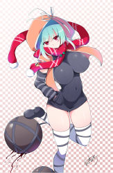Rule 34 | 10s, 1girl, blue hair, breasts, c.r., checkered background, covered mouth, detached sleeves, hood, hoodie, impossible clothes, impossible shirt, large breasts, looking at viewer, naraku (senran kagura), pink background, pom pom (clothes), red eyes, ribbed sweater, scarf, senran kagura, shirt, short hair, solo, striped, striped sleeves, sweater, thighhighs, white thighhighs