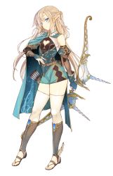 Rule 34 | 1girl, arrow (projectile), belt, blonde hair, blue eyes, bow (weapon), braid, cloak, commentary request, detached sleeves, dress, earrings, elf, fantasy, fingerless gloves, full body, gloves, himukai kyousuke, jewelry, long hair, original, pointy ears, quiver, sandals, short dress, skirt, smile, solo, thighhighs, transparent background, weapon, white background, winged footwear, zettai ryouiki