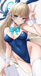 Rule 34 | 1girl, arm up, blonde hair, blue archive, blue bow, blue eyes, blue hair, blue hairband, blue leotard, bow, breasts, commentary request, covered navel, earpiece, floating hair, grey background, hair bow, hairband, headset, highres, hoshimiya aki, leotard, long hair, looking at viewer, medium breasts, multicolored hair, parted lips, playboy bunny, rabbit tail, simple background, solo, strapless, strapless leotard, streaked hair, tail, thighhighs, toki (blue archive), toki (bunny) (blue archive), v, very long hair, white thighhighs, wrist cuffs