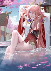 Rule 34 | 1girl, ;o, absurdres, armpits, barefoot, blue sky, breasts, cherry blossoms, genshin impact, hair between eyes, hair ornament, highres, japanese clothes, large breasts, crossed legs, long hair, looking at viewer, miko, one eye closed, open mouth, partially submerged, pink hair, purple eyes, rib (rib delesetong), sideboob, sitting, sky, soles, thighs, toes, tree, water, wet, yae miko