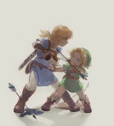 Rule 34 | 2boys, arrow (projectile), belt, blonde hair, blue eyes, boots, bow (weapon), brown belt, brown footwear, child, commentary request, copyright request, earrings, fingerless gloves, gloves, green headwear, green tunic, hat, highres, jewelry, link, long hair, male focus, master sword, multiple boys, nintendo, olxexlo, pointy ears, short hair, sword, the legend of zelda, the legend of zelda: breath of the wild, the legend of zelda: ocarina of time, tunic, weapon, white background, young link