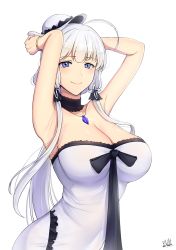 Rule 34 | 1girl, absurdres, ahoge, armpits, arms behind head, artist name, azur lane, band-width, blue eyes, breasts, choker, cleavage, closed mouth, collarbone, dress, hair ribbon, hat, highres, illustrious (azur lane), large breasts, looking at viewer, low twintails, ribbon, sidelocks, signature, simple background, smile, solo, strapless, strapless dress, sun hat, tress ribbon, tri tails, twintails, white background, white dress, white hair, white hat