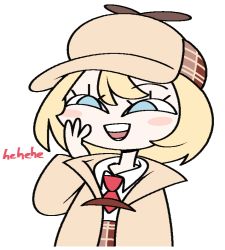 Rule 34 | 1girl, blonde hair, blue eyes, blush, blush stickers, brown coat, brown hat, brown skirt, coat, collared shirt, deerstalker, english text, female focus, flat chest, flat color, half-closed eyes, hand to own mouth, hand up, happy, hat, hololive, hololive english, jaggy lines, laughing, long sleeves, necktie, open mouth, plaid, plaid skirt, red necktie, shirt, shirt tucked in, short hair, sidelocks, simple background, skirt, smile, solo, standing, teeth, upper body, vilepluff, virtual youtuber, watson amelia, white background, white shirt