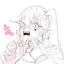 Rule 34 | 1girl, be2imo gestart, blush, collar, facial tattoo, fangs, gloves, goddess of victory: nikke, greyscale, hair between eyes, hair ribbon, heart, heart tattoo, jackal (nikke), long hair, long tongue, looking at viewer, monochrome, open mouth, pointing, pointing at self, ribbon, side ponytail, sketch, solo, spiked collar, spikes, tattoo, tongue, tongue out