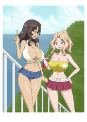 Rule 34 | 10 ji lay, 2girls, absurdres, blonde hair, blue eyes, blue shorts, blush, breasts, brown hair, cleavage, el (girls und panzer), girls und panzer, highres, kay (girls und panzer), large breasts, long hair, looking at another, midriff, miniskirt, multiple girls, navel, open mouth, outdoors, ponytail, short shorts, shorts, skirt, smile