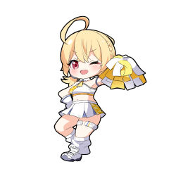 Rule 34 | 1girl, ;d, ahoge, ame., bare shoulders, blonde hair, blue archive, braid, breasts, cheerleader, chibi, commentary request, full body, gloves, hair between eyes, hand on own hip, highres, kotori (blue archive), kotori (cheer squad) (blue archive), long hair, looking at viewer, loose socks, low twintails, medium breasts, navel, one eye closed, open mouth, pleated skirt, pom pom (cheerleading), red eyes, shoes, short twintails, simple background, skirt, smile, socks, solo, standing, standing on one leg, twintails, white background, white footwear, white gloves, white skirt, white socks