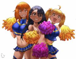 Rule 34 | 3girls, ahoge, black hair, blonde hair, blush, breasts, cheerleader, clothed female nude female, convenient censoring, covering privates, covering crotch, dark-skinned female, dark skin, earrings, fangs, gamou maki, grin, hair ornament, hairclip, highres, holding, holding pom poms, ijiranaide nagatoro-san, jewelry, large breasts, looking at viewer, midriff, miniskirt, multiple girls, nagatoro hayase, navel, nude, one-piece tan, open mouth, orange hair, parted lips, pom pom (cheerleading), pom poms, signature, simple background, skirt, small breasts, smile, standing, stud earrings, t3x, tan, tanline, teasing, teeth, thighhighs, twintails, white background, yoshi (nagatoro)