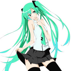 Rule 34 | 1girl, bad id, bad pixiv id, green eyes, green hair, hatsune miku, long hair, matching hair/eyes, necktie, simple background, skirt, skirt hold, smile, solo, suu2501, suu2510, thighhighs, twintails, very long hair, vocaloid, white background