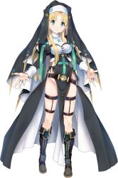 Rule 34 | 1girl, alternate costume, ankle boots, asia argento, blonde hair, boots, breasts, female focus, full body, green eyes, high school dxd, highres, long hair, looking at viewer, miyama-zero, nun, small breasts, smile, solo, standing, thigh strap, transparent background, veil