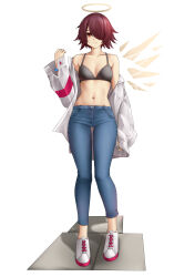 Rule 34 | 1girl, absurdres, arknights, bare shoulders, bra, casperrin, collarbone, commentary, denim, exusiai (arknights), full body, grey bra, hair over one eye, halo, hand up, highres, jacket, jeans, long sleeves, looking at viewer, navel, off shoulder, pants, red eyes, red hair, shadow, shoes, short hair, simple background, smile, sneakers, solo, standing, stomach, thighs, underwear, white background, white footwear, white jacket