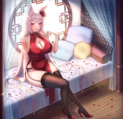 Rule 34 | 1girl, animal ears, bare shoulders, bed, black thighhighs, blush, breasts, china dress, chinese clothes, cleavage, cleavage cutout, clothing cutout, commission, dress, flower, garter belt, garter straps, hair flower, hair ornament, halterneck, high heels, highres, indoors, large breasts, looking at viewer, original, pillow, playing with own hair, raoul (raoul77), red eyes, red footwear, seductive smile, side slit, sitting, smile, solo, thighhighs, thighs, white hair