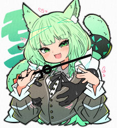 Rule 34 | 1girl, 1other, :d, animal ears, arknights, black ribbon, blush, breasts, cat ears, cat girl, cat tail, cropped torso, fang, grabbing, grabbing another&#039;s breast, grabbing from behind, green eyes, green hair, grey jacket, harmonie (arknights), heart, highres, holding, holding wand, infection monitor (arknights), jacket, long sleeves, looking at viewer, medium breasts, nankyoku arikui, neck ribbon, open mouth, ribbon, short hair, skin fang, smile, solo focus, tail, tail ornament, tail ring, text background, upper body, wand