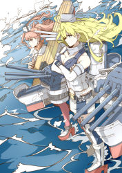 Rule 34 | 10s, 2girls, american flag legwear, asymmetrical legwear, blonde hair, blue eyes, breasts, brown hair, cleavage, crossed arms, dress, elbow gloves, fingerless gloves, flight deck, gloves, hair between eyes, hair over one eye, high heels, iowa (kancolle), kantai collection, large breasts, long hair, machinery, miniskirt, mismatched legwear, multiple girls, neckerchief, ninimo nimo, red legwear, red neckerchief, saratoga (kancolle), shirt, side ponytail, skirt, standing, standing on liquid, striped clothes, striped legwear, striped shirt, striped thighhighs, thighhighs, vertical-striped clothes, vertical-striped legwear, vertical-striped thighhighs, white dress