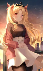 Rule 34 | 1girl, absurdres, alternate costume, bad id, bad pixiv id, black pantyhose, black shirt, blonde hair, breasts, building, cityscape, earrings, ereshkigal (fate), fate/grand order, fate (series), hair ribbon, high-waist skirt, highres, jacket, jewelry, kyo (maae00), long hair, long sleeves, medium breasts, necklace, off shoulder, outdoors, pantyhose, parted bangs, red eyes, red jacket, red ribbon, ribbon, shirt, skirt, skull necklace, skyscraper, solo, tiara, two side up, very long hair, white skirt