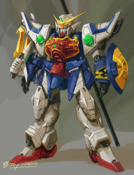 Rule 34 | absurdres, gundam, gundam wing, highres, looking ahead, mecha, mobile suit, open hands, robot, science fiction, shenlong gundam, shield, sky (sky sheno), solo, staff, standing, weapon, weapon on back