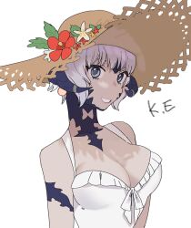 Rule 34 | 1girl, au ra, breasts, cleavage, final fantasy, final fantasy xiv, flower, gg dal, grey eyes, hat, hat flower, horns, large breasts, looking at viewer, monster girl, one-piece swimsuit, simple background, smile, solo, straw hat, swimsuit, upper body, warrior of light (ff14), white background, white hair, white one-piece swimsuit