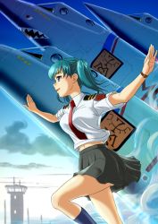 Rule 34 | 00s, 1girl, breasts, female focus, green hair, highres, honjo mikaze, running, skirt, sky, smile, stratos 4, twintails, uniform