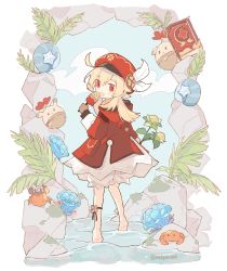 Rule 34 | ahoge, artist name, blonde hair, bloomers, book, brown gloves, child, cloud, commentary, crab, dress, english commentary, feathers, flower, food, genshin impact, gloves, hat, hat feather, highres, holding, holding flower, hood, hood down, jumpy dumpty, klee (genshin impact), leg ribbon, light blush, looking at viewer, looking back, low twintails, melanbread, moss, open mouth, outdoors, plant, pointy ears, popsicle, red eyes, red hat, ribbon, rock, seashell, shell, sky, smile, star (symbol), twintails, twitter username, underwear, wading, walking, water, watermark, white feathers