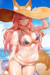 Rule 34 | 1girl, absurdres, animal ear fluff, animal ears, arm up, armpits, beach, bikini, blue bikini, blue sky, bracelet, breasts, brown hat, cleavage, cloud, collarbone, commentary request, day, ears through headwear, fate/grand order, fate (series), fingernails, fox ears, fox tail, glint, grin, groin, hair between eyes, hand on headwear, hat, highres, holding, holding swim ring, horizon, horz, innertube, jewelry, large breasts, long hair, looking away, navel, necklace, ocean, orange bikini, outdoors, pink hair, sand, see-through, shade, shiny skin, shirt, short sleeves, side-tie bikini bottom, sidelocks, skindentation, sky, smile, solo, sparkle, standing, star (symbol), straw hat, string bikini, sun hat, swim ring, swimsuit, tail, tamamo (fate), tamamo no mae (fate/extra), tamamo no mae (swimsuit lancer) (fate), tamamo no mae (swimsuit lancer) (second ascension) (fate), thigh gap, water drop, wet, wet clothes, wet shirt, white shirt, yellow eyes