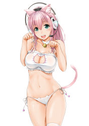 Rule 34 | 1girl, animal ear legwear, animal ears, bell, black panties, blush, bra, breasts, cat cutout, cat ear legwear, cat ear panties, cat ears, cat lingerie, cat tail, choker, cleavage, cleavage cutout, clothing cutout, female pubic hair, ganari ryuu, green eyes, headphones, headset, jingle bell, large breasts, long hair, looking at viewer, meme attire, navel, neck bell, open mouth, original, panties, paw pose, pink hair, pubic hair, pubic hair peek, see-through, shiny skin, side-tie panties, simple background, smile, solo, super tama musume, tail, tamatoys, taut clothes, thighhighs, underwear, underwear only