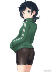 Rule 34 | 1girl, ahoge, ass, bike shorts, black hair, closed mouth, commentary request, cowboy shot, cypress, from behind, green eyes, green jacket, hands in pockets, jacket, kantai collection, long sleeves, looking at viewer, matsukaze (kancolle), parted bangs, short hair, sidelocks, simple background, solo, standing, swept bangs, track jacket, twitter username, wavy hair, white background
