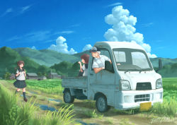 Rule 34 | 1boy, 2girls, artist name, backpack, bag, blush, brown eyes, brown hair, cigarette, cloud, collarbone, commentary, day, dew drop, driving, farm, grass, hat, hill, house, long hair, looking at another, looking back, motor vehicle, multiple girls, old, old man, open mouth, original, outdoors, path, pickup truck, pleated skirt, pochi (poti1990), power lines, puddle, rice paddy, ripples, road, running, rural, scenery, school uniform, serafuku, shadow, short hair, signature, sitting, skirt, sky, smile, smoking, subaru (brand), truck, twintails, utility pole, vehicle, water, water drop, waving, white hair