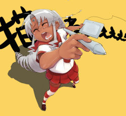 Rule 34 | 1girl, ahoge, blouse, closed eyes, dark-skinned female, dark skin, drawing tablet, drill hair, female focus, foreshortening, from above, full body, long hair, miniskirt, open mouth, os-tan, patterned legwear, ponytail, red &amp; white, red skirt, school uniform, shirt, silver hair, skirt, solo, striped clothes, striped thighhighs, stylus, tears, thighhighs, translation request, two-tone stripes, vista-tan, vistake, wacom, white shirt, xyz, yellow background