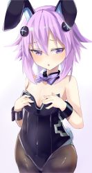 Rule 34 | 1girl, absurdres, animal ears, bare shoulders, bimmy, black leotard, blush, bow, breasts, choujigen game neptune, cleavage, covered navel, cowboy shot, d-pad, d-pad hair ornament, detached collar, embarrassed, fake animal ears, hair between eyes, hair ornament, hands on own chest, hands up, highres, leotard, looking at viewer, medium hair, neptune (neptunia), neptune (series), open mouth, pantyhose, playboy bunny, purple bow, purple eyes, purple hair, purple heart (neptunia), rabbit ears, rabbit tail, small breasts, solo, tail, wrist cuffs
