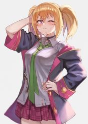 Rule 34 | 1girl, ;(, arm up, black choker, black jacket, blush, breasts, choker, closed mouth, collared shirt, cowboy shot, elf, gomashiwo o, green necktie, grey background, hand in own hair, hand on own hip, jacket, long sleeves, looking at viewer, medium breasts, miniskirt, necktie, off shoulder, open clothes, open jacket, plaid, plaid skirt, pleated skirt, pointy ears, princess connect!, purple eyes, purple skirt, shirt, short hair, short twintails, simple background, skirt, solo, sweat, twintails, wing collar