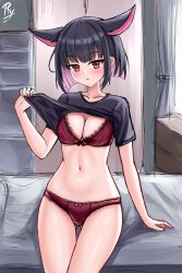 Rule 34 | 1girl, absurdres, animal ears, black hair, black shirt, blue archive, blush, bow, bow bra, bow panties, bra, breasts, cleavage, clothes lift, collarbone, commentary, curtains, english commentary, gluteal fold, hand up, highres, indoors, kazusa (blue archive), lifted by self, looking at viewer, medium breasts, multicolored hair, panties, parted lips, pink hair, red bra, red eyes, red panties, rylaera, shirt, shirt lift, short sleeves, signature, sketch, solo, thigh gap, two-tone hair, underwear