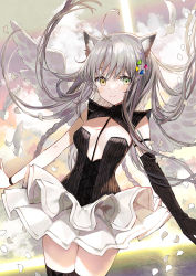 Rule 34 | 1girl, ahoge, animal ear fluff, animal ears, black gloves, black thighhighs, blush, braid, breasts, brown eyes, cat ears, closed mouth, commentary request, day, elbow gloves, feathered wings, gloves, green eyes, grey hair, hair between eyes, heterochromia, highres, horizon, long hair, looking at viewer, medium breasts, ocean, original, outdoors, petals, single glove, smile, solo, striped clothes, striped gloves, striped thighhighs, thighhighs, vertical-striped clothes, vertical-striped thighhighs, very long hair, water, white wings, wings, yadapot