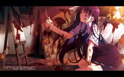 Rule 34 | 10s, 1girl, black hair, blue eyes, canvas (object), copyright name, food, fruit, grapes, grisaia (series), grisaia no kajitsu, highres, leaf, letterboxed, long hair, looking at viewer, maple leaf, messy room, paint splatter, paint splatter on face, painting (action), painting (object), sakaki yumiko, school uniform, solo