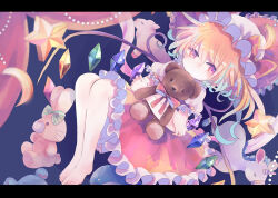 Rule 34 | 1girl, barefoot, blonde hair, bow, crystal, dot mouth, flandre scarlet, frilled skirt, frilled sleeves, frills, hair between eyes, hat, hat bow, hiyuu (hiyualice), holding, holding stuffed toy, letterboxed, medium hair, mob cap, multicolored wings, no nose, one side up, puffy short sleeves, puffy sleeves, red bow, red eyes, red ribbon, red skirt, ribbon, shirt, short sleeves, skirt, sleeve ribbon, solo, stuffed animal, stuffed rabbit, stuffed sheep, stuffed toy, stuffed unicorn, teddy bear, touhou, white hat, white shirt, wings