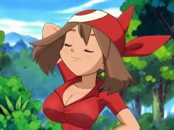 Rule 34 | 1girl, alternate breast size, arms behind head, bandana, breasts, brown hair, cleavage, closed eyes, cloud, creatures (company), eyelashes, game freak, head tilt, large breasts, may (pokemon), nintendo, no bra, outdoors, pokemon, pokemon (anime), pokemon rse (anime), red bandana, red shirt, screencap, shirt, short sleeves, sky, smile, solo, standing, third-party edit, upper body