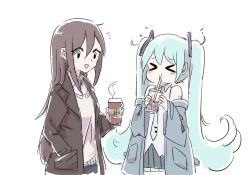 Rule 34 | &gt; &lt;, 2girls, aqua hair, aqua necktie, bare shoulders, black skirt, black sleeves, blue jacket, blush, brown hair, brown jacket, coffee, coffee cup, commentary, cup, detached sleeves, disposable cup, drinking, drinking straw, grey shirt, hair ornament, hand in pocket, hand up, hatsune miku, holding, holding cup, ice, ice cube, jacket, long hair, looking at another, master (vocaloid), multiple girls, necktie, nejikyuu, shirt, shoulder tattoo, skirt, sleeveless, sleeveless shirt, smile, steam, straight hair, sweat, tattoo, twintails, very long hair, vocaloid, white background