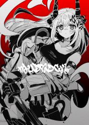 Rule 34 | 1girl, arknights, black background, breasts, character name, cleavage, earrings, fjsk, gloves, gradient background, greyscale with colored background, highres, horns, jewelry, large breasts, long hair, looking at viewer, mudrock (arknights), pointy ears, red background, solo