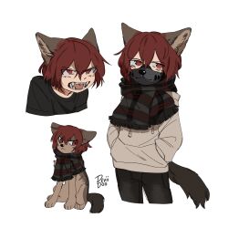 Rule 34 | 1boy, animal, animal ears, animalization, artist name, black scarf, black shirt, brown hoodie, child, commentary, cropped legs, deviidog0, english commentary, fangs, hair between eyes, hands in pockets, highres, hood, hood down, hoodie, looking at viewer, male focus, mask, mouth mask, multiple views, open mouth, original, red eyes, red hair, scarf, shirt, short hair, simple background, t-shirt, tail, white background, wolf, wolf boy, wolf ears, wolf tail